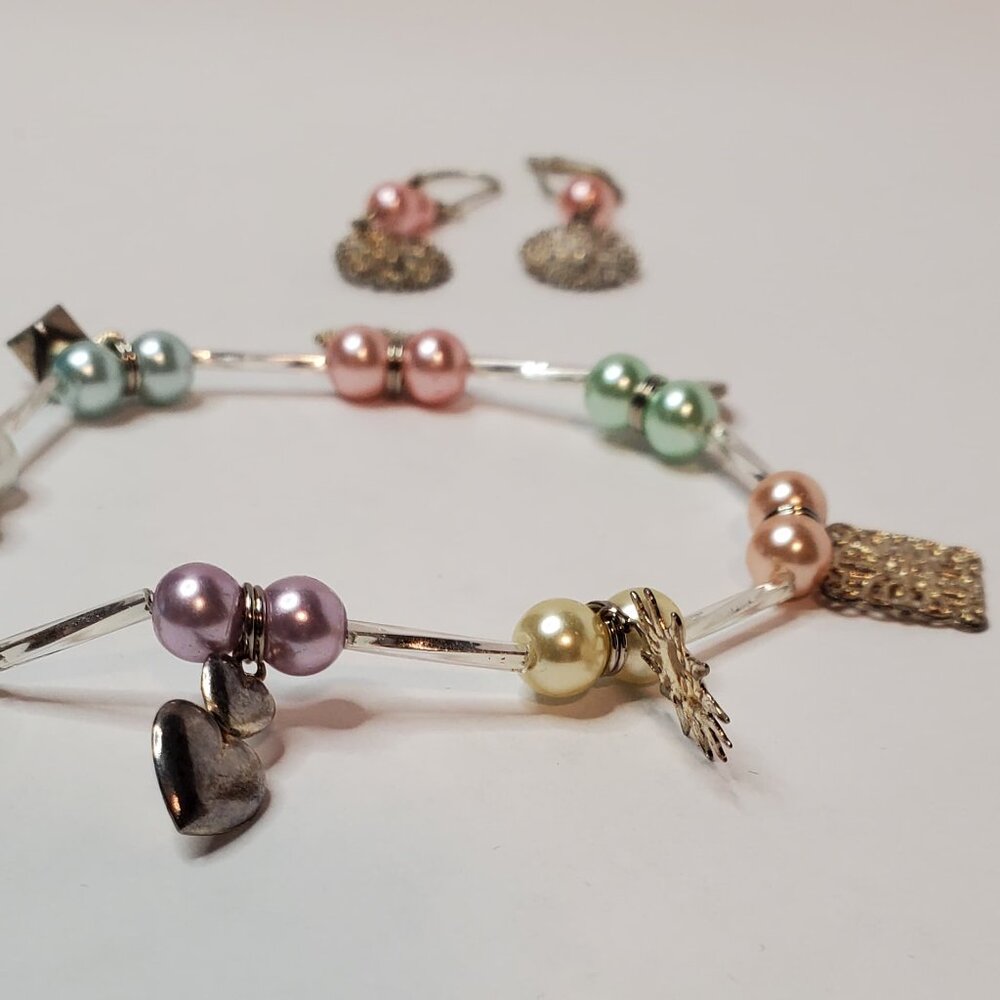 Real Silver Glass Bead and Pearl Charm Bracelet and Earrings